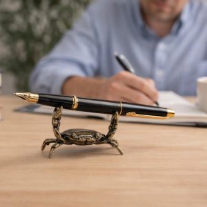 Cute Brass Gold Crab Pen Holder Vintage Nautical Desk Storage Coastal Office Accessory - Image 1